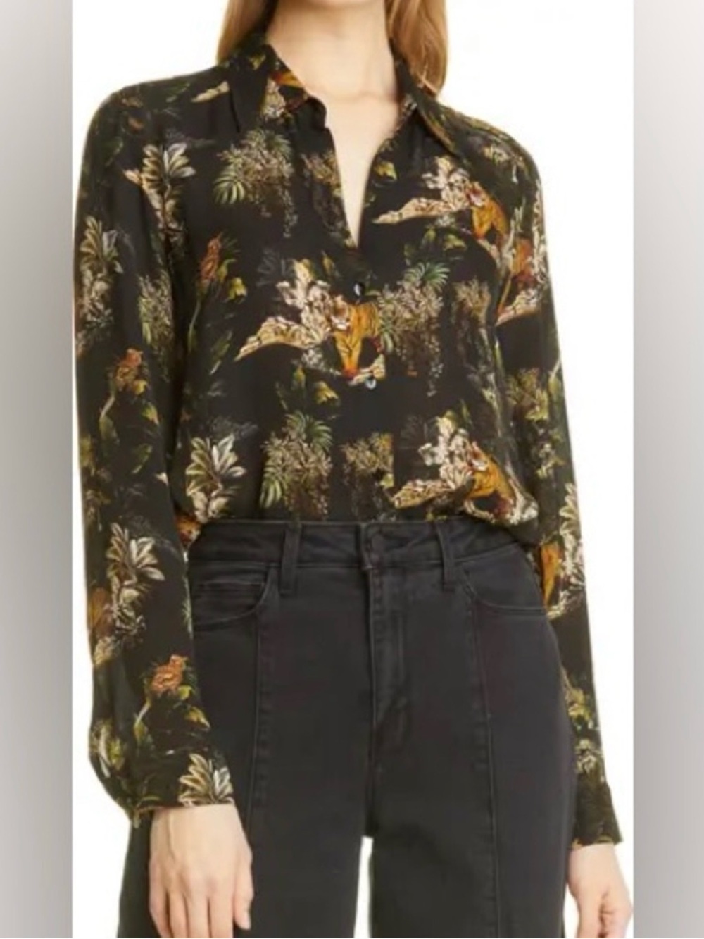 L’agence Nina Silk Blouse Dark Tiger Jungle Print Button Down Top Size Medium